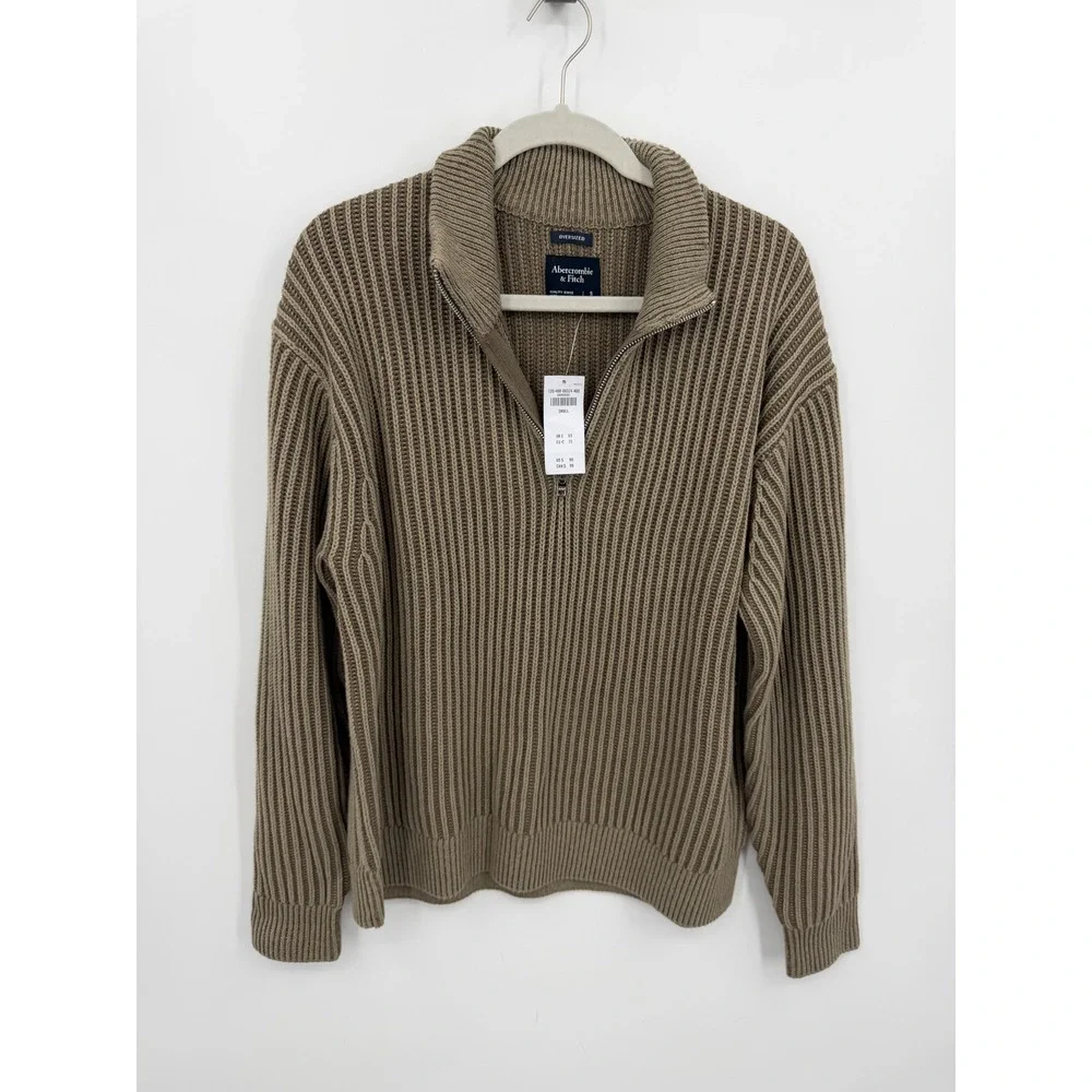 Abercrombie &‎ Fitch Oversized Quarter Zip Sweater Mens Small beige Ribbed Knit